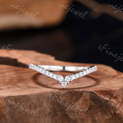 Handmade Diamond/Moissanite V Wedding Band, 14K White Gold Anniversary Ring