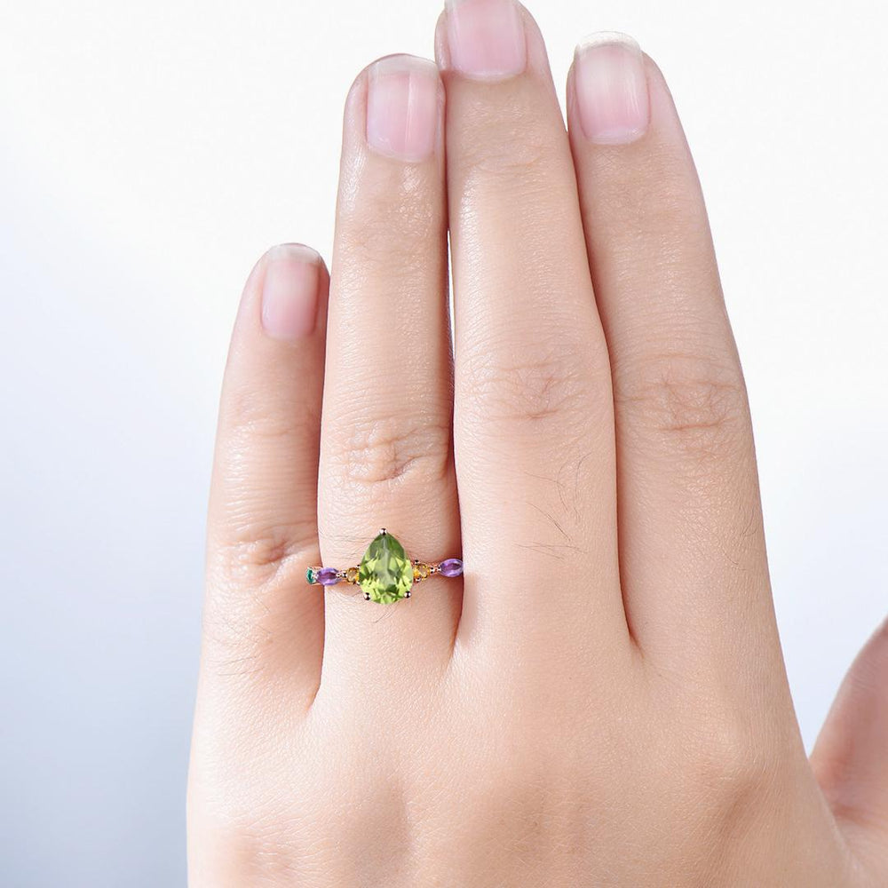 Vintage Pear Shaped Peridot Engagement Ring Multi-Stone Cluster Citrine Amethyst Emerald Wedding Ring Birthday Anniversary Promise Gift - PENFINE