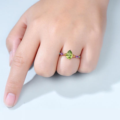 Vintage Pear Shaped Peridot Engagement Ring Multi-Stone Cluster Citrine Amethyst Emerald Wedding Ring Birthday Anniversary Promise Gift - PENFINE