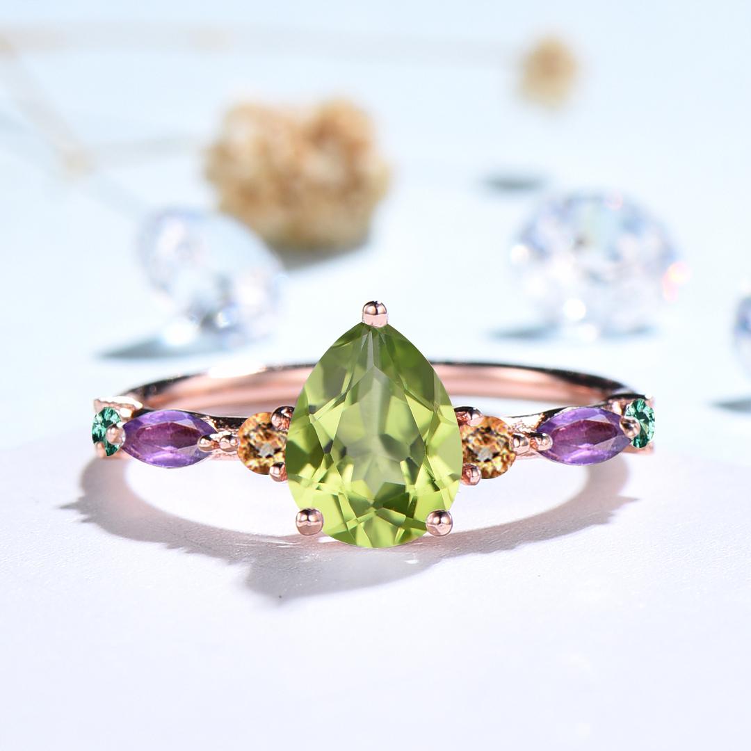 Vintage Pear Shaped Peridot Engagement Ring Multi-Stone Cluster Citrine Amethyst Emerald Wedding Ring Birthday Anniversary Promise Gift - PENFINE
