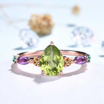 Vintage Pear Shaped Peridot Engagement Ring Multi-Stone Cluster Citrine Amethyst Emerald Wedding Ring Birthday Anniversary Promise Gift - PENFINE