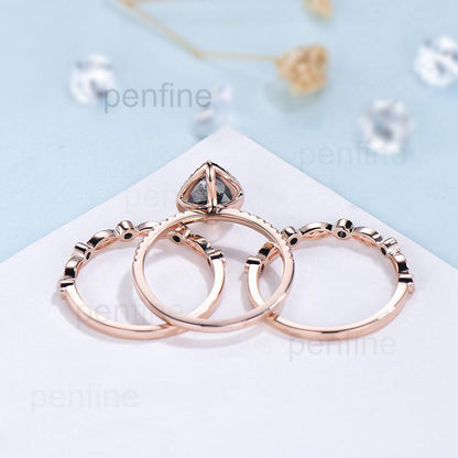 vintage salt and pepper diamond engagement ring set rose gold halo diamond marquise milgrain wedding ring handmade anniversary ring women - PENFINE