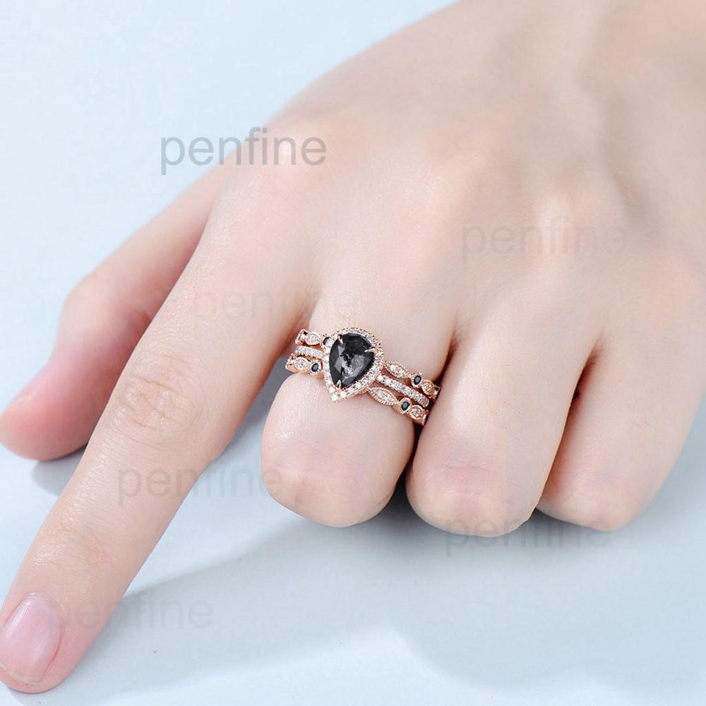 vintage salt and pepper diamond engagement ring set rose gold halo diamond marquise milgrain wedding ring handmade anniversary ring women - PENFINE