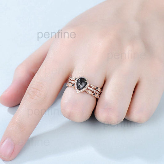 vintage salt and pepper diamond engagement ring set rose gold halo diamond marquise milgrain wedding ring handmade anniversary ring women - PENFINE