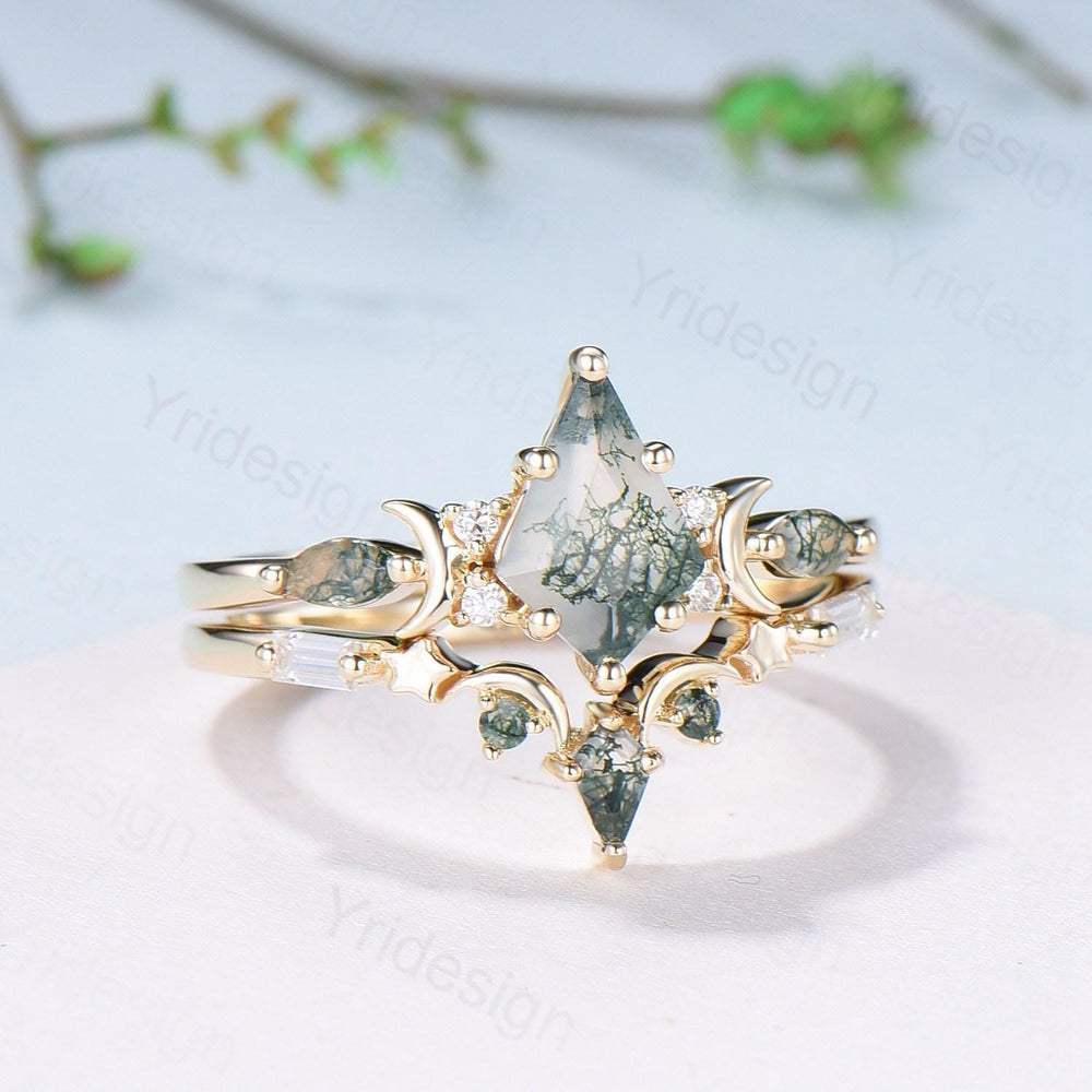 Yellow gold kite cut nature moss agate ring set Unique crescent moon star agate engagement ring Handmade anniversary gift Wedding bridal set - PENFINE