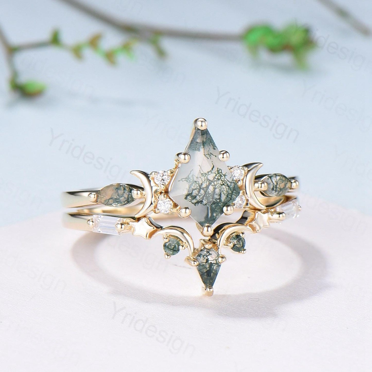 Yellow gold kite cut nature moss agate ring set Unique crescent moon star agate engagement ring Handmade anniversary gift Wedding bridal set - PENFINE