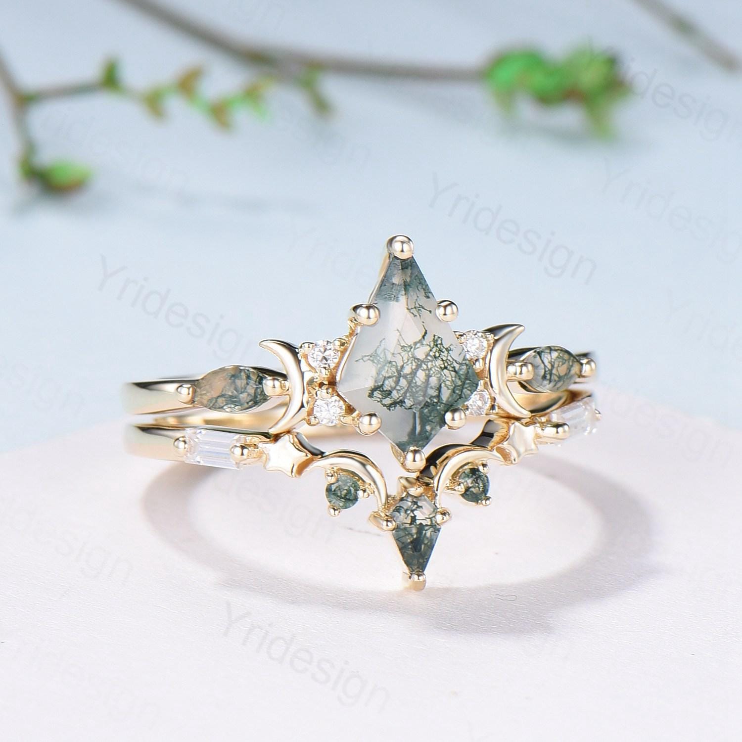 Yellow gold kite cut nature moss agate ring set Unique crescent moon star agate engagement ring Handmade anniversary gift Wedding bridal set - PENFINE