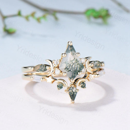 Yellow gold kite cut nature moss agate ring set Unique crescent moon star agate engagement ring Handmade anniversary gift Wedding bridal set - PENFINE
