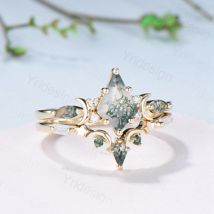 Yellow gold kite cut nature moss agate ring set Unique crescent moon star agate engagement ring Handmade anniversary gift Wedding bridal set - PENFINE