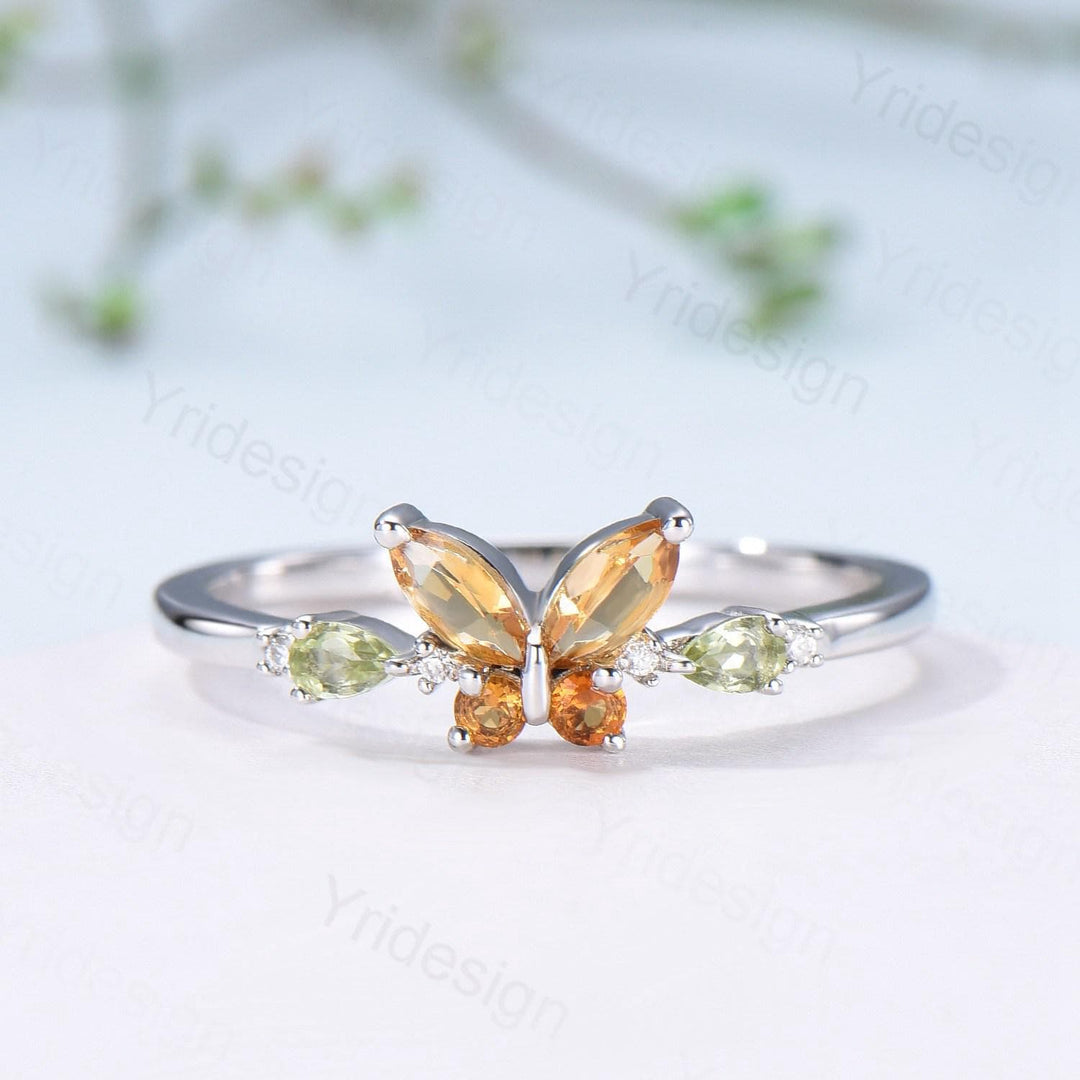 Unique Butterfly Citrine Peridot Engagement Ring Vintage Marquise Citrine Ring Pear Peridot Wedding Ring Anniversary Promise Birthstone Gift - PENFINE