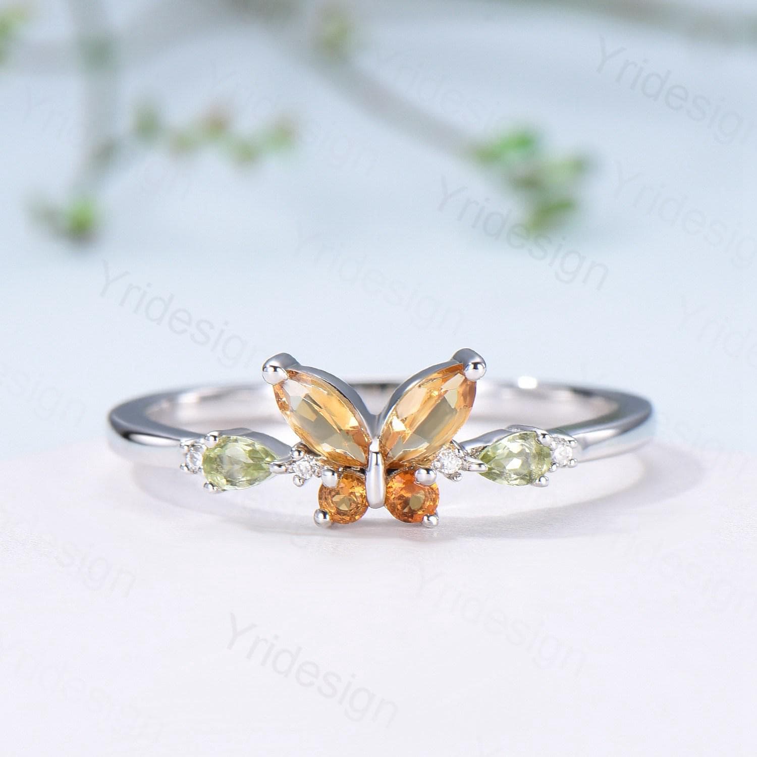 Unique Butterfly Citrine Peridot Engagement Ring Vintage Marquise Citrine Ring Pear Peridot Wedding Ring Anniversary Promise Birthstone Gift - PENFINE