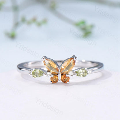 Unique Butterfly Citrine Peridot Engagement Ring Vintage Marquise Citrine Ring Pear Peridot Wedding Ring Anniversary Promise Birthstone Gift - PENFINE