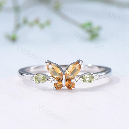 Unique Butterfly Citrine Peridot Engagement Ring Vintage Marquise Citrine Ring Pear Peridot Wedding Ring Anniversary Promise Birthstone Gift - PENFINE