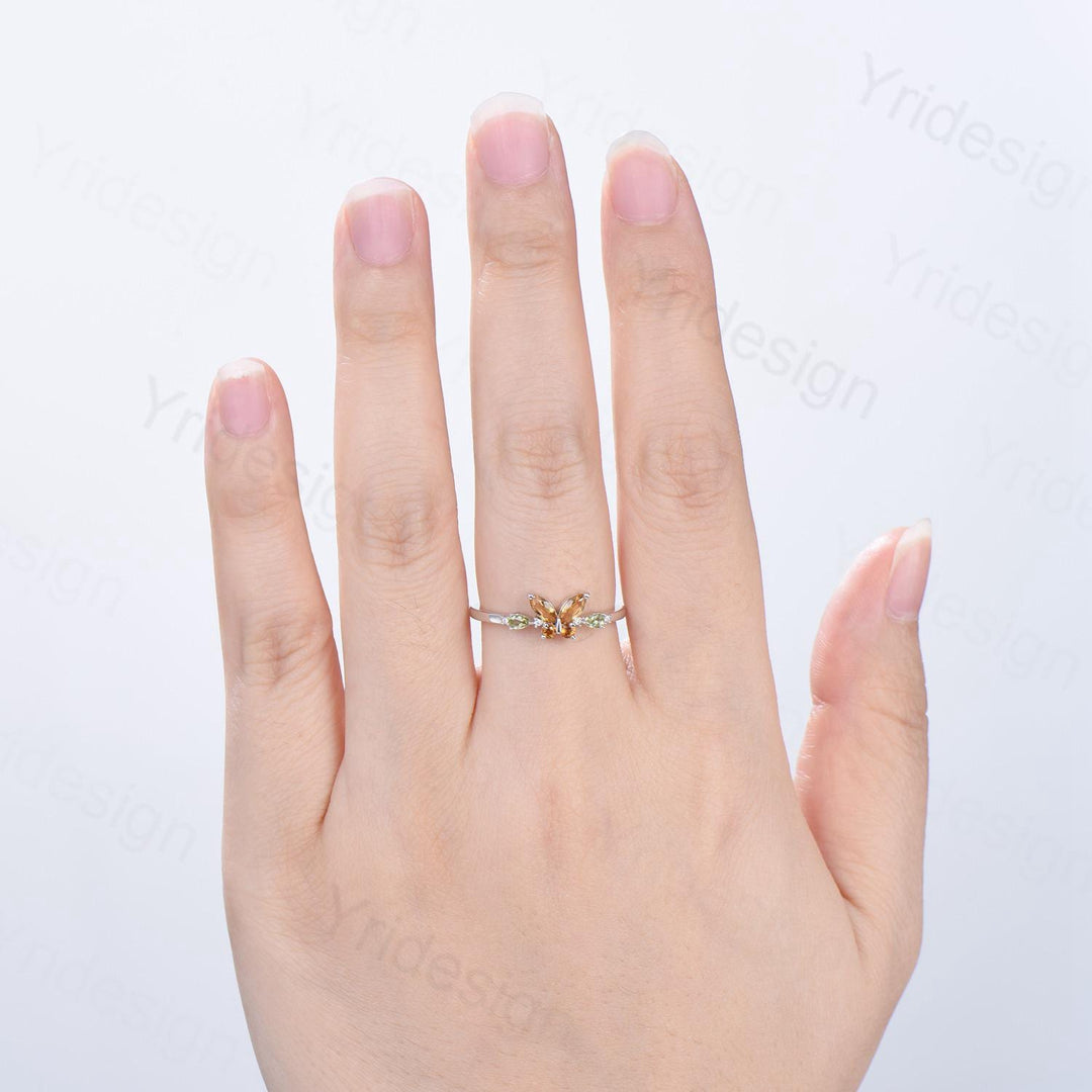 Unique Butterfly Citrine Peridot Engagement Ring Vintage Marquise Citrine Ring Pear Peridot Wedding Ring Anniversary Promise Birthstone Gift - PENFINE