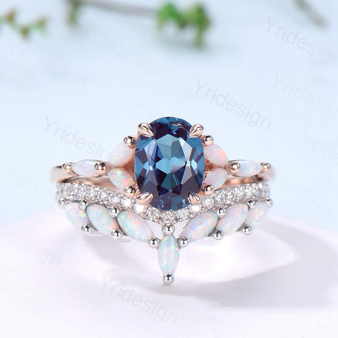 Vintage oval alexandrite engagement ring seven stone marquise cut opal color change stone wedding set art deco anniversary gift bridal set - PENFINE