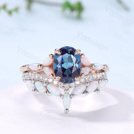 Vintage oval alexandrite engagement ring seven stone marquise cut opal color change stone wedding set art deco anniversary gift bridal set - PENFINE