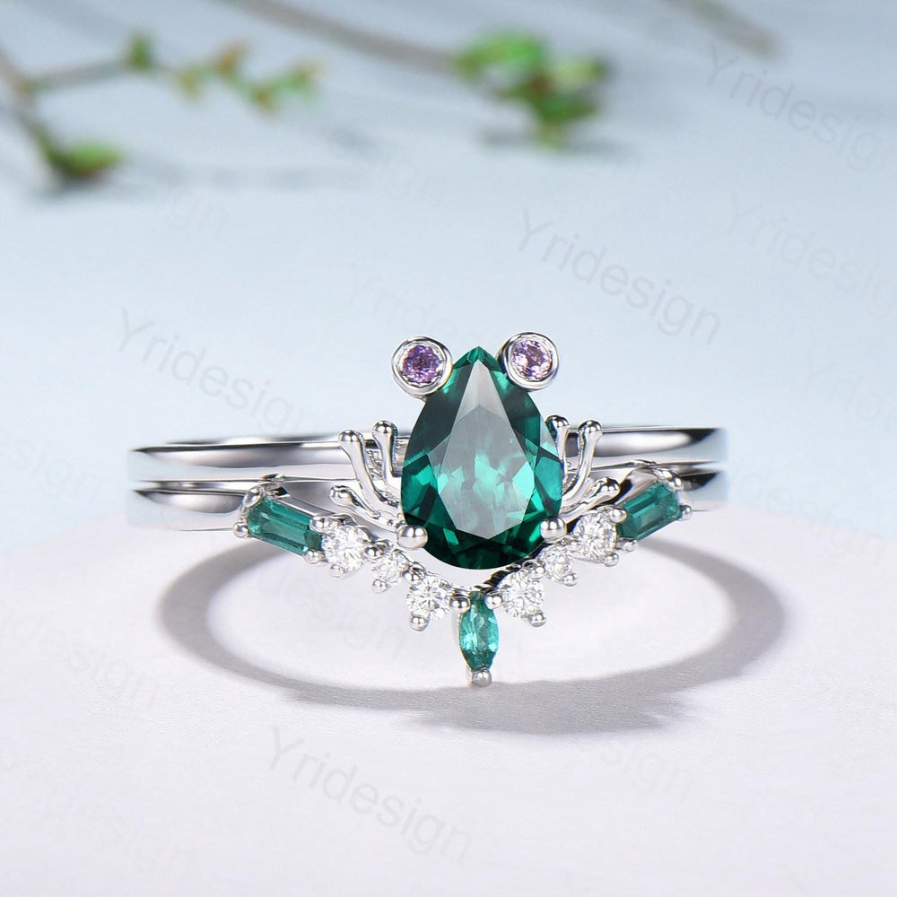 Unique emerald engagement ring set, Frog animal inspired May birthstone wedding set, women pear shaped bridal set anniversary gift for girl - PENFINE