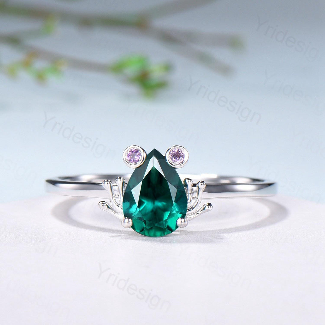 Unique emerald engagement ring set, Frog animal inspired May birthstone wedding set, women pear shaped bridal set anniversary gift for girl - PENFINE
