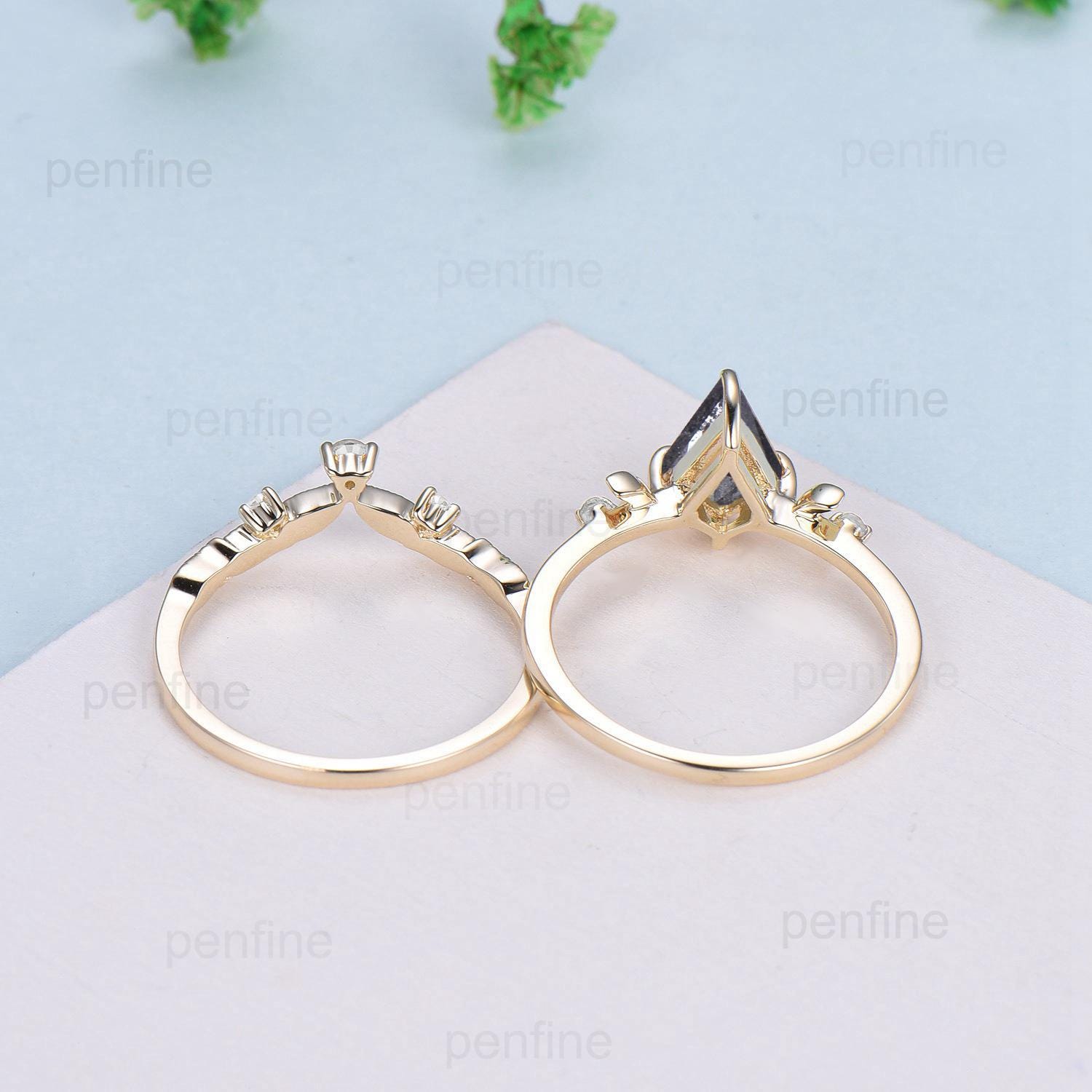 Three Stone kite Cut Salt and Pepper Diamond Engagement Ring Set Yellow Gold Black Spinel Moon Promise ring 2pcs Bridal Wedding Gift For Her - PENFINE