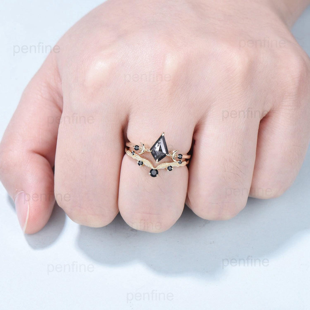 Three Stone kite Cut Salt and Pepper Diamond Engagement Ring Set Yellow Gold Black Spinel Moon Promise ring 2pcs Bridal Wedding Gift For Her - PENFINE
