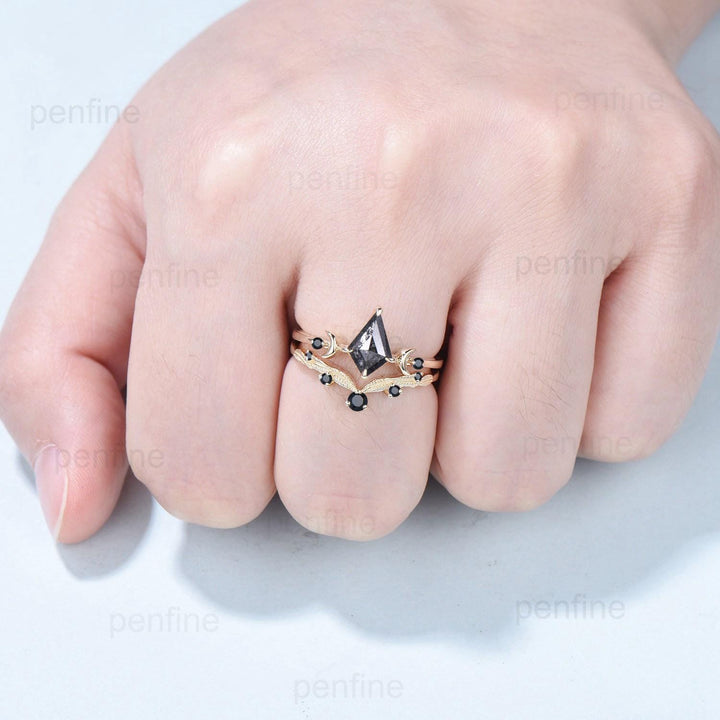 Three Stone kite Cut Salt and Pepper Diamond Engagement Ring Set Yellow Gold Black Spinel Moon Promise ring 2pcs Bridal Wedding Gift For Her - PENFINE