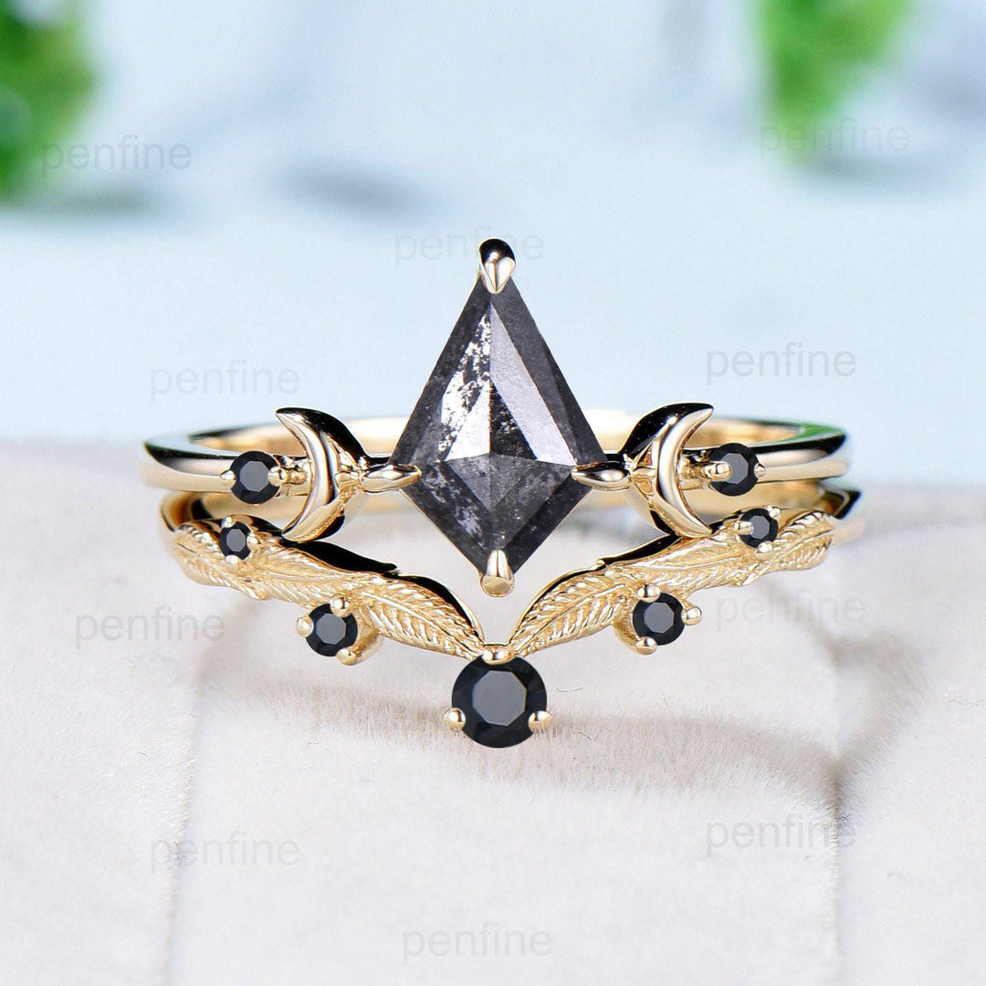 Three Stone kite Cut Salt and Pepper Diamond Engagement Ring Set Yellow Gold Black Spinel Moon Promise ring 2pcs Bridal Wedding Gift For Her - PENFINE