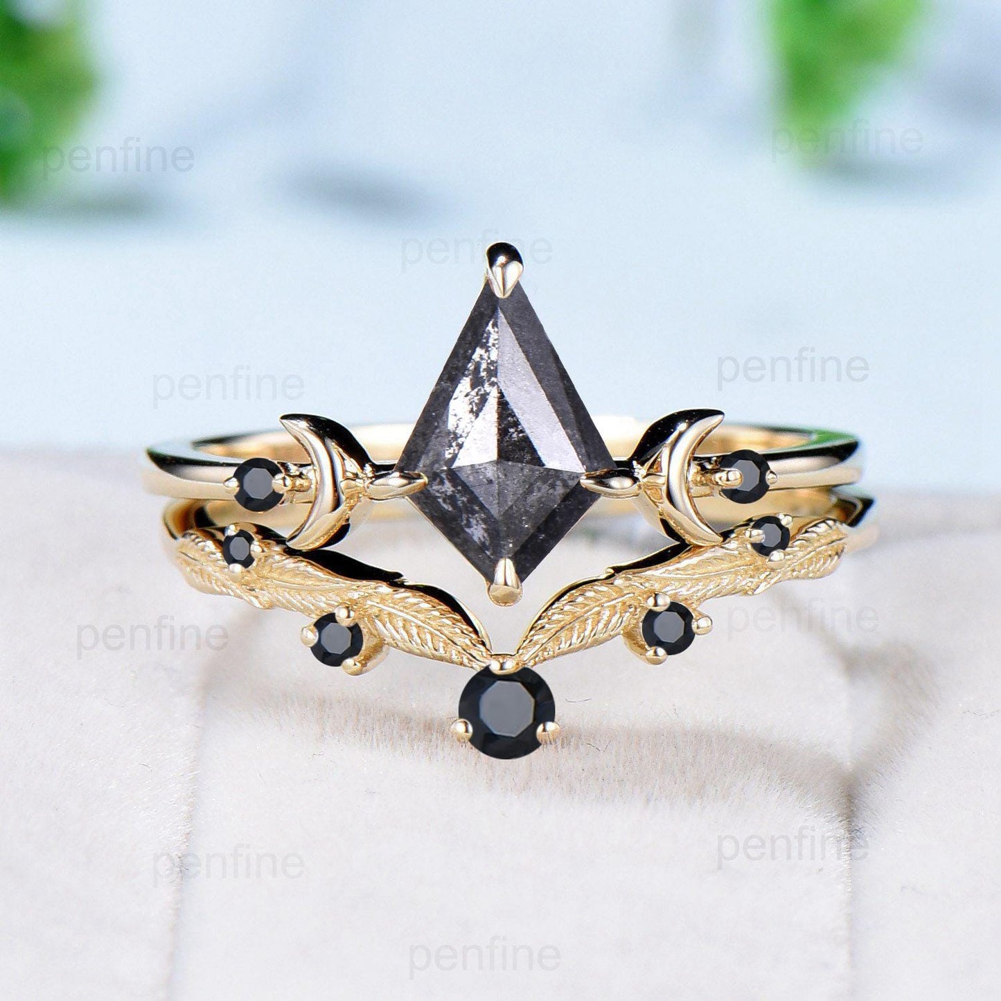 Three Stone kite Cut Salt and Pepper Diamond Engagement Ring Set Yellow Gold Black Spinel Moon Promise ring 2pcs Bridal Wedding Gift For Her - PENFINE