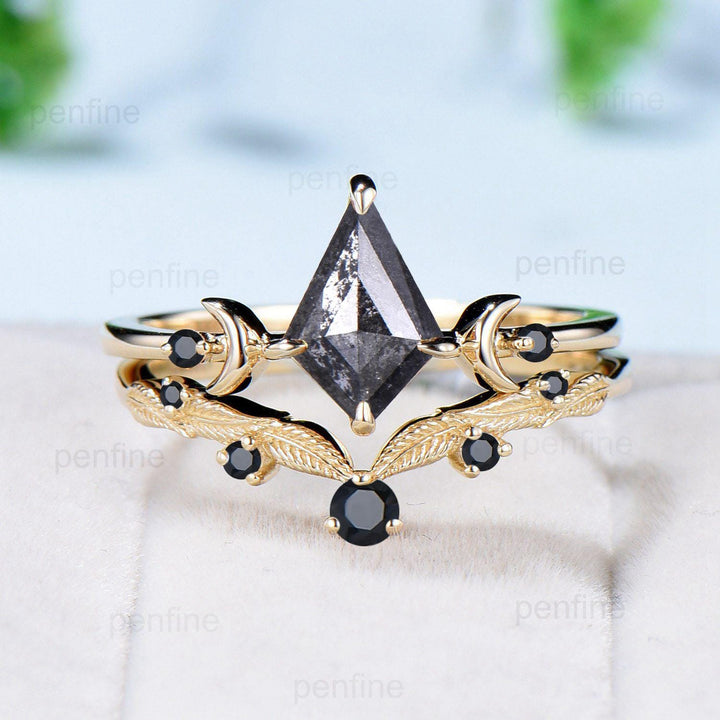 Three Stone kite Cut Salt and Pepper Diamond Engagement Ring Set Yellow Gold Black Spinel Moon Promise ring 2pcs Bridal Wedding Gift For Her - PENFINE