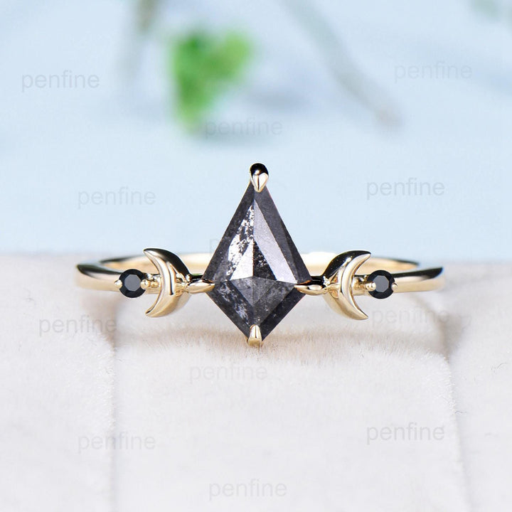 Three Stone kite Cut Salt and Pepper Diamond Engagement Ring Set Yellow Gold Black Spinel Moon Promise ring 2pcs Bridal Wedding Gift For Her - PENFINE