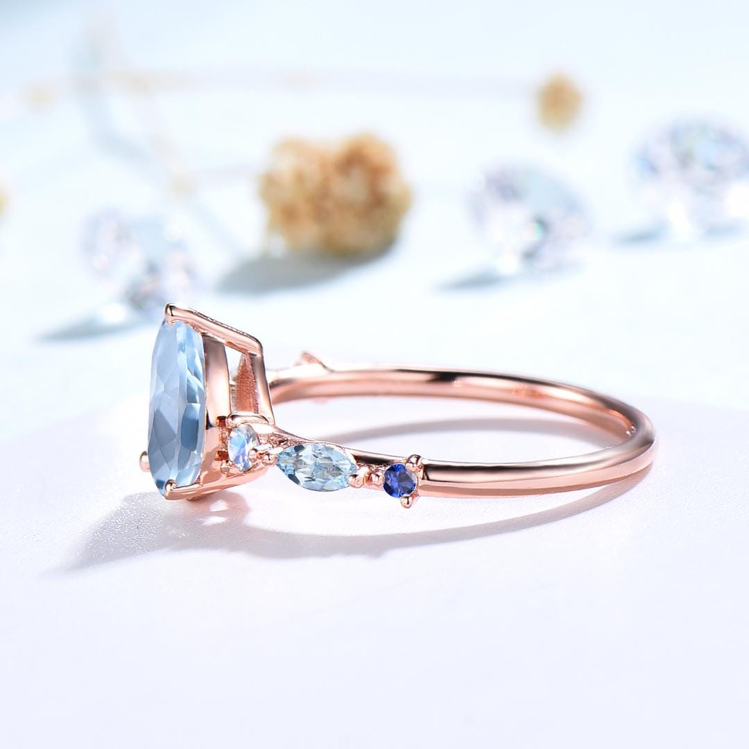 Unique Pear  Shaped Natural Aquamarine Engagement Ring Vintage March Birthstone Moonstone Wedding Ring Anniversary Promise Ring Jewelry Gift - PENFINE