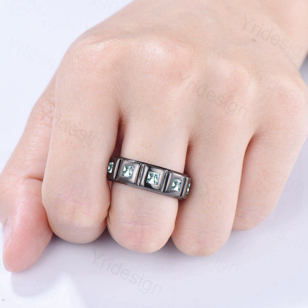 Black Gold Moss Agate Mens Wedding Band  Princess Cut Green Agate Men's Wedding Ring Anniversary Promise Stacking Matching Band Gift - PENFINE