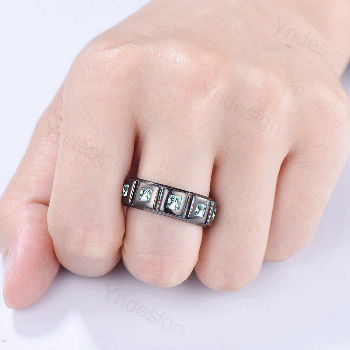 Black Gold Moss Agate Mens Wedding Band  Princess Cut Green Agate Men's Wedding Ring Anniversary Promise Stacking Matching Band Gift - PENFINE