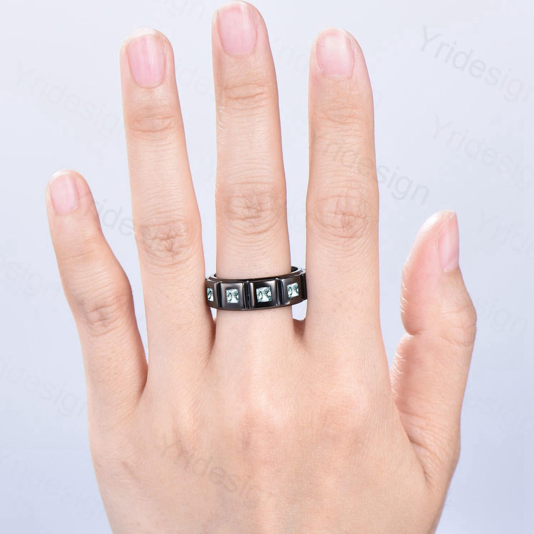 Black Gold Moss Agate Mens Wedding Band  Princess Cut Green Agate Men's Wedding Ring Anniversary Promise Stacking Matching Band Gift - PENFINE
