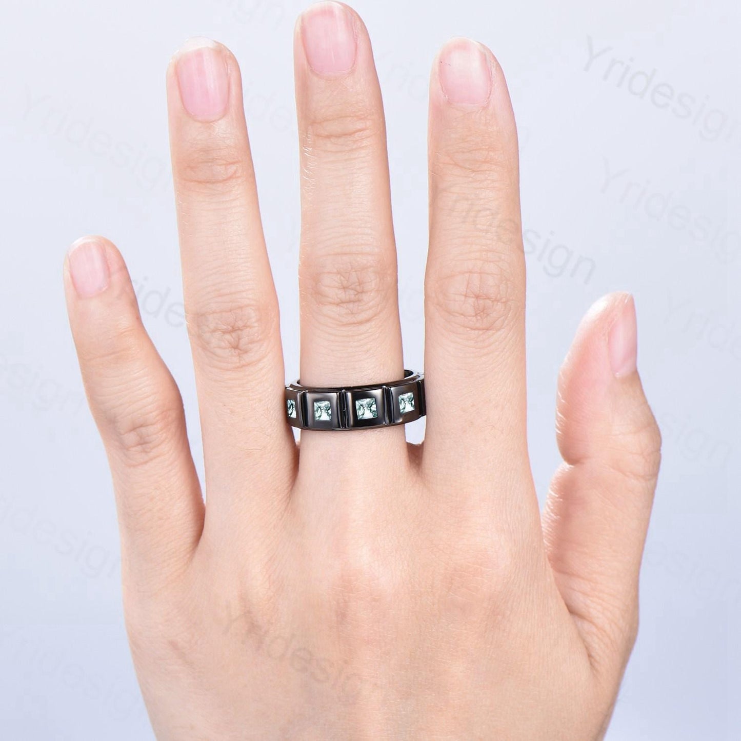 Black Gold Moss Agate Mens Wedding Band  Princess Cut Green Agate Men's Wedding Ring Anniversary Promise Stacking Matching Band Gift - PENFINE