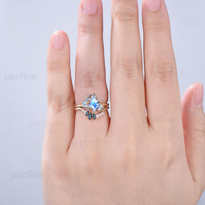 Vintage Kite Cut Moonstone Alexandrite Engagement Ring Set 14K Yellow Gold Unique June Birthstone Opal Wedding Set Cluster Bridal Set - PENFINE