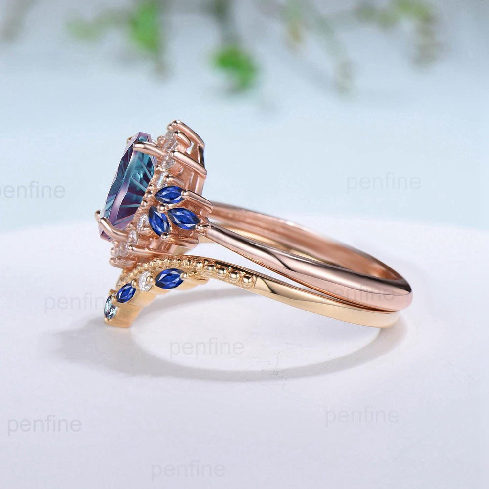 Vintage Fireworks Cut Alexandrite Engagement Ring Set Unique Oval Color Change Stone Promise Ring Cluster Blue Sapphire Wedding Bridal Set - PENFINE