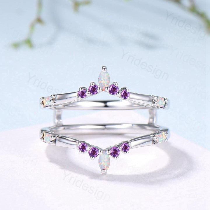Enhancer Curved Opal Amethyst Wedding Band Sterling Silver White Gold Contour Stacking Marquise Baguette Opal Matching Ring Anniversary Gift - PENFINE