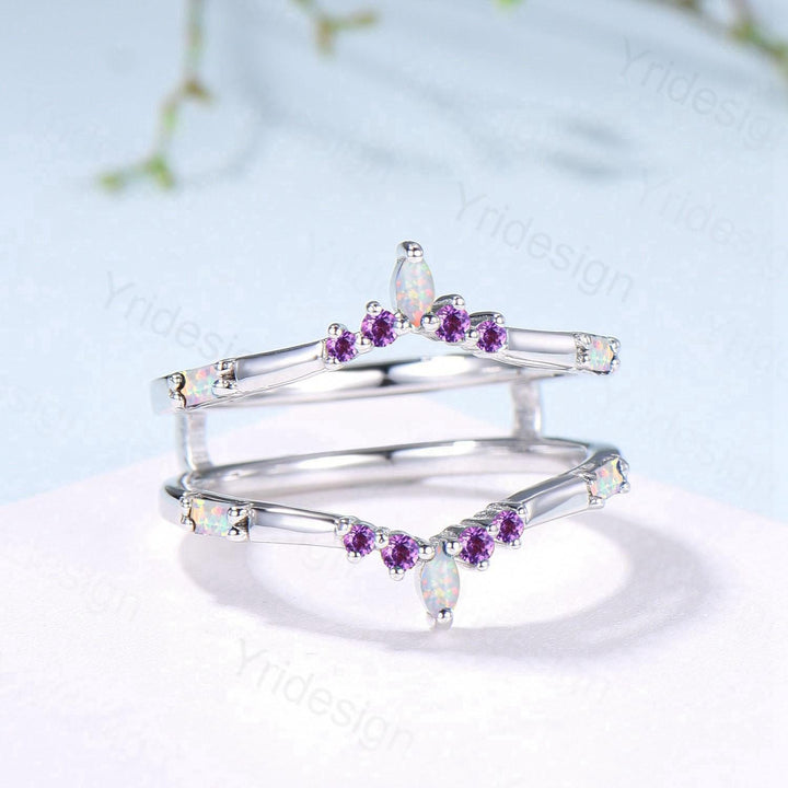 Enhancer Curved Opal Amethyst Wedding Band Sterling Silver White Gold Contour Stacking Marquise Baguette Opal Matching Ring Anniversary Gift - PENFINE