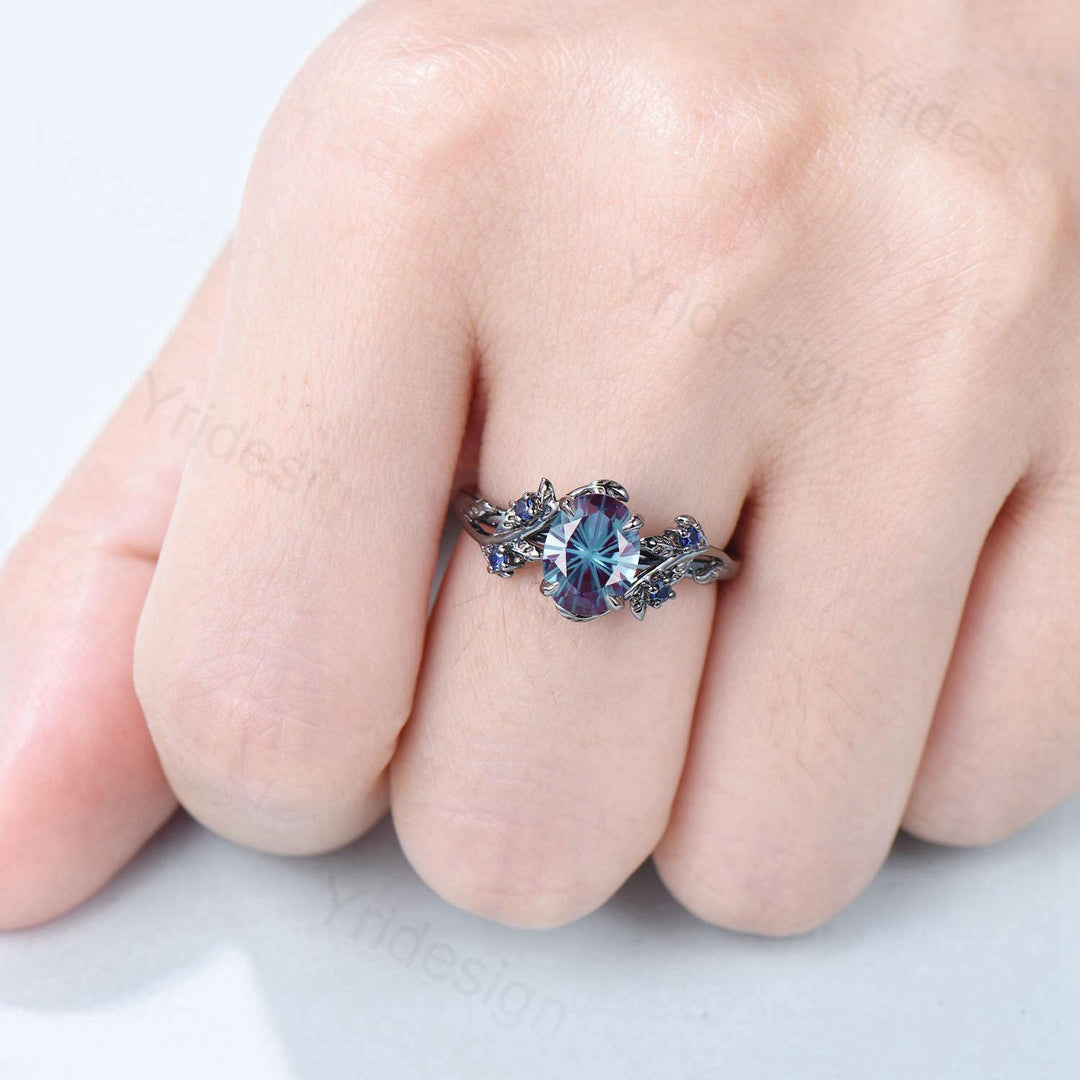 Unique Black Gold Fireworks Cut Oval Cut Alexandrite Engagement Ring Nature Inspired Color Changing Leaf Vine Cluster Sapphire Wedding Ring - PENFINE