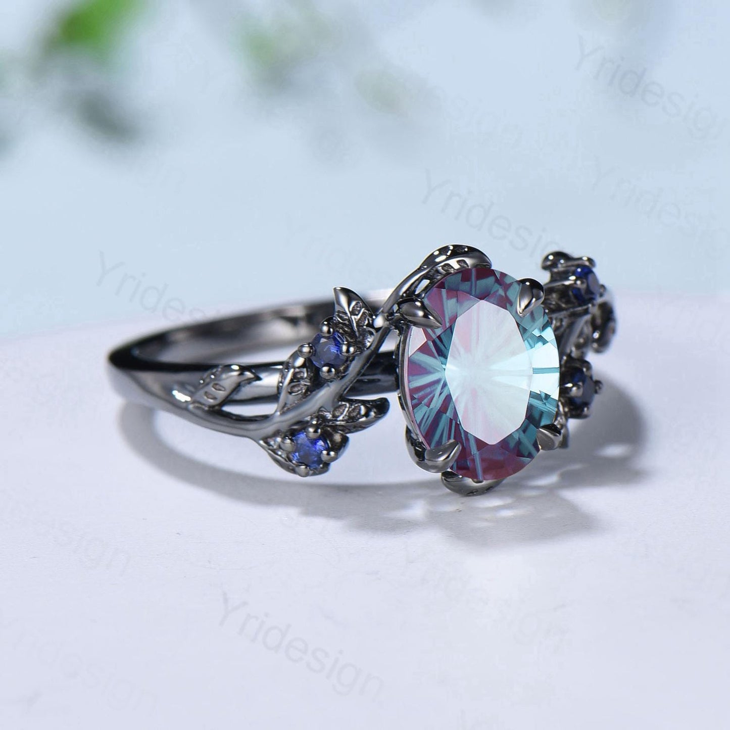 Unique Black Gold Fireworks Cut Oval Cut Alexandrite Engagement Ring Nature Inspired Color Changing Leaf Vine Cluster Sapphire Wedding Ring - PENFINE