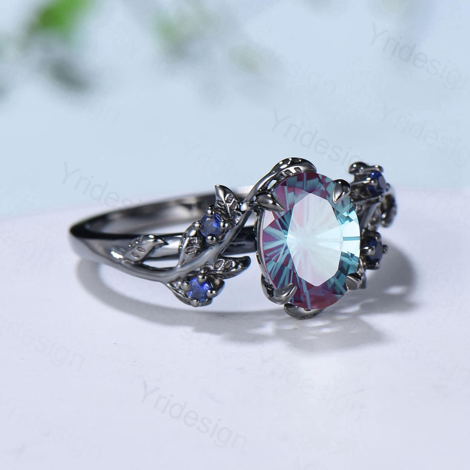Unique Black Gold Fireworks Cut Oval Cut Alexandrite Engagement Ring Nature Inspired Color Changing Leaf Vine Cluster Sapphire Wedding Ring - PENFINE