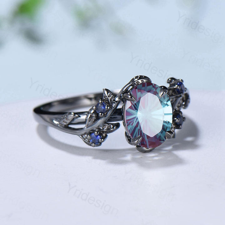 Unique Black Gold Fireworks Cut Oval Cut Alexandrite Engagement Ring Nature Inspired Color Changing Leaf Vine Cluster Sapphire Wedding Ring - PENFINE