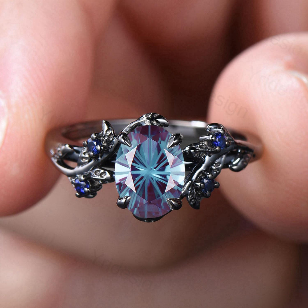 Unique Black Gold Fireworks Cut Oval Cut Alexandrite Engagement Ring Nature Inspired Color Changing Leaf Vine Cluster Sapphire Wedding Ring - PENFINE