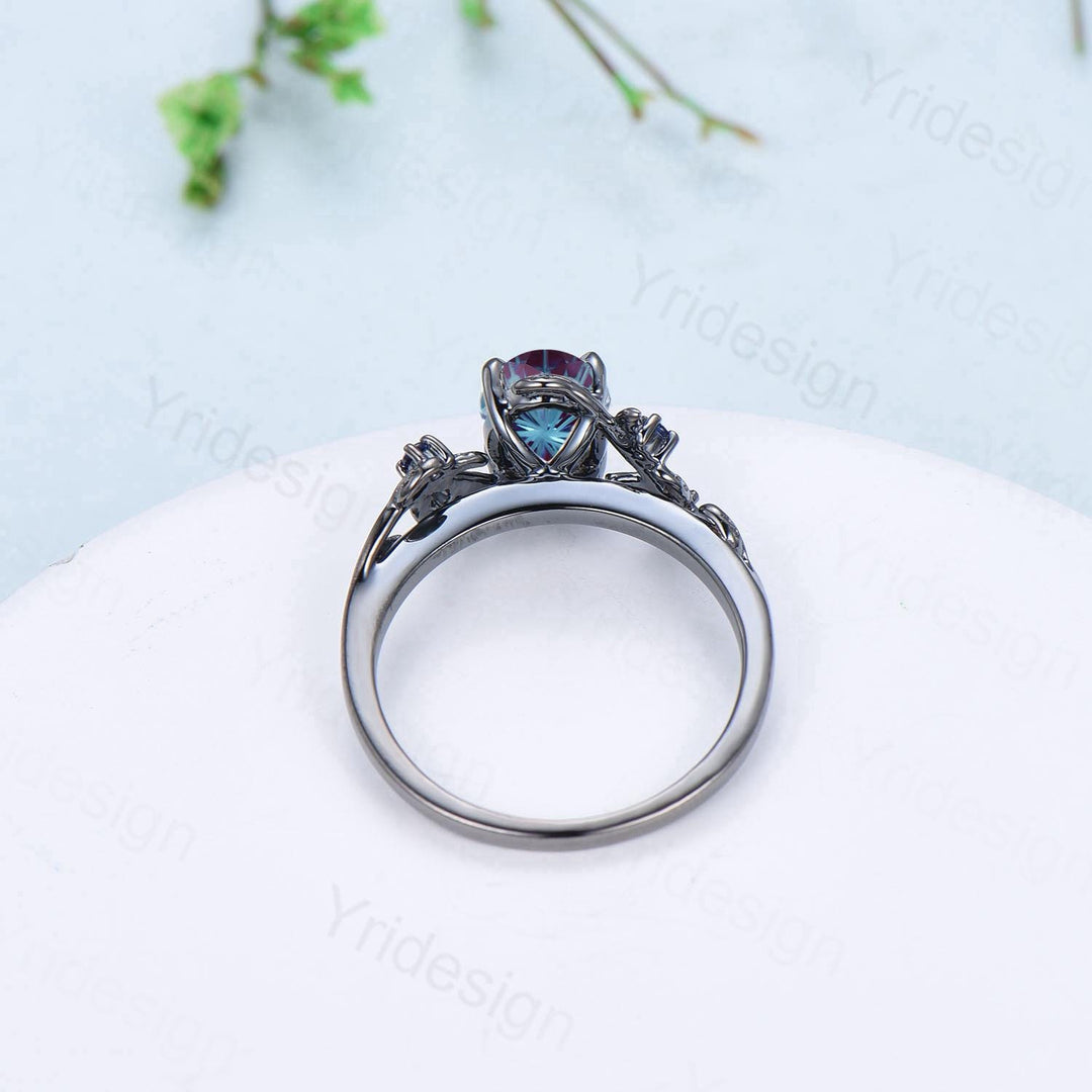 Unique Black Gold Fireworks Cut Oval Cut Alexandrite Engagement Ring Nature Inspired Color Changing Leaf Vine Cluster Sapphire Wedding Ring - PENFINE