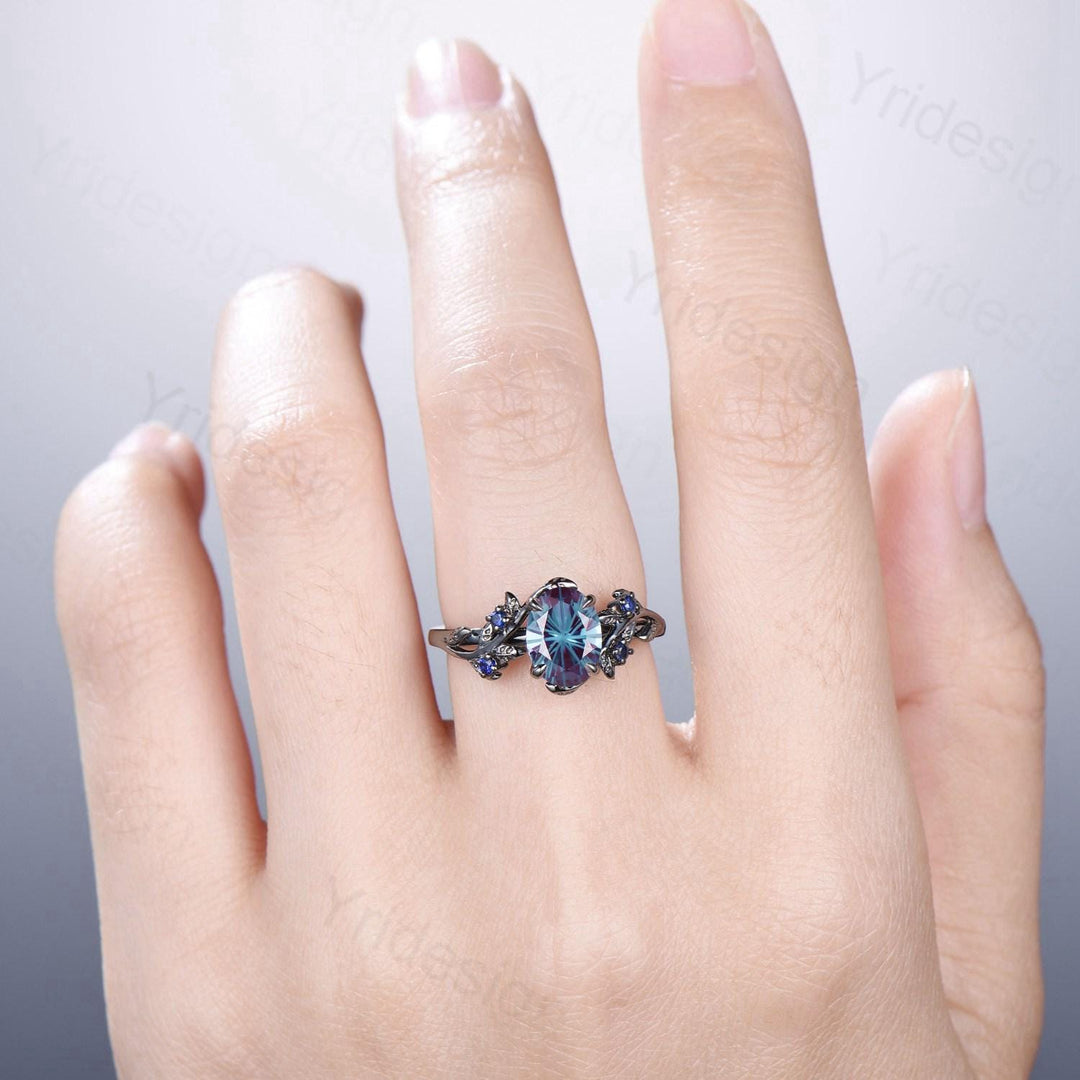 Unique Black Gold Fireworks Cut Oval Cut Alexandrite Engagement Ring Nature Inspired Color Changing Leaf Vine Cluster Sapphire Wedding Ring - PENFINE