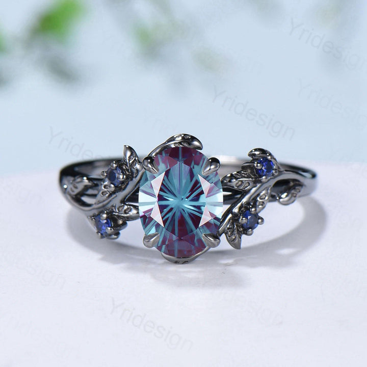 Unique Black Gold Fireworks Cut Oval Cut Alexandrite Engagement Ring Nature Inspired Color Changing Leaf Vine Cluster Sapphire Wedding Ring - PENFINE