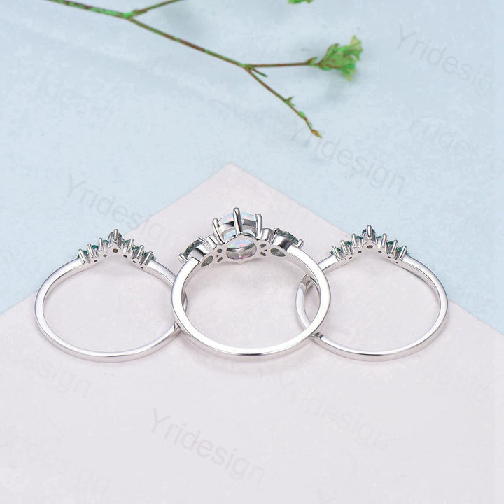 Vintage White Opal Engagement Ring Set, Pear Amethyst Emerald Accent, Milgrain 14K Gold - PENFINE