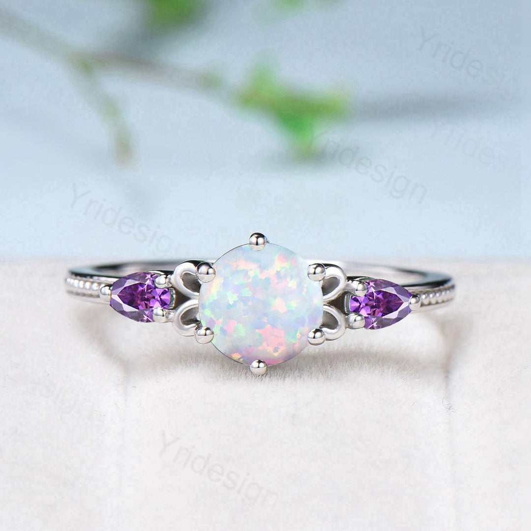 Vintage White Opal Engagement Ring Set, Pear Amethyst Emerald Accent, Milgrain 14K Gold - PENFINE