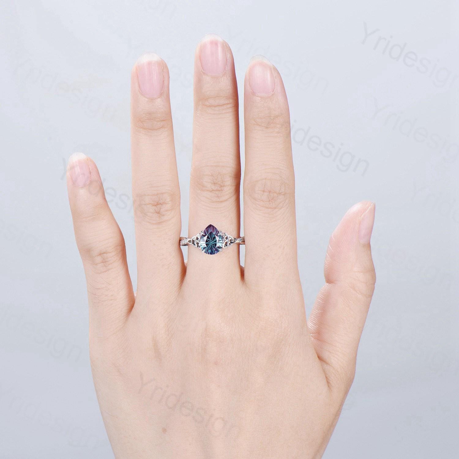 Pear Alexandrite Engagement Ring, Vintage Norse Opal Wedding Ring - PENFINE