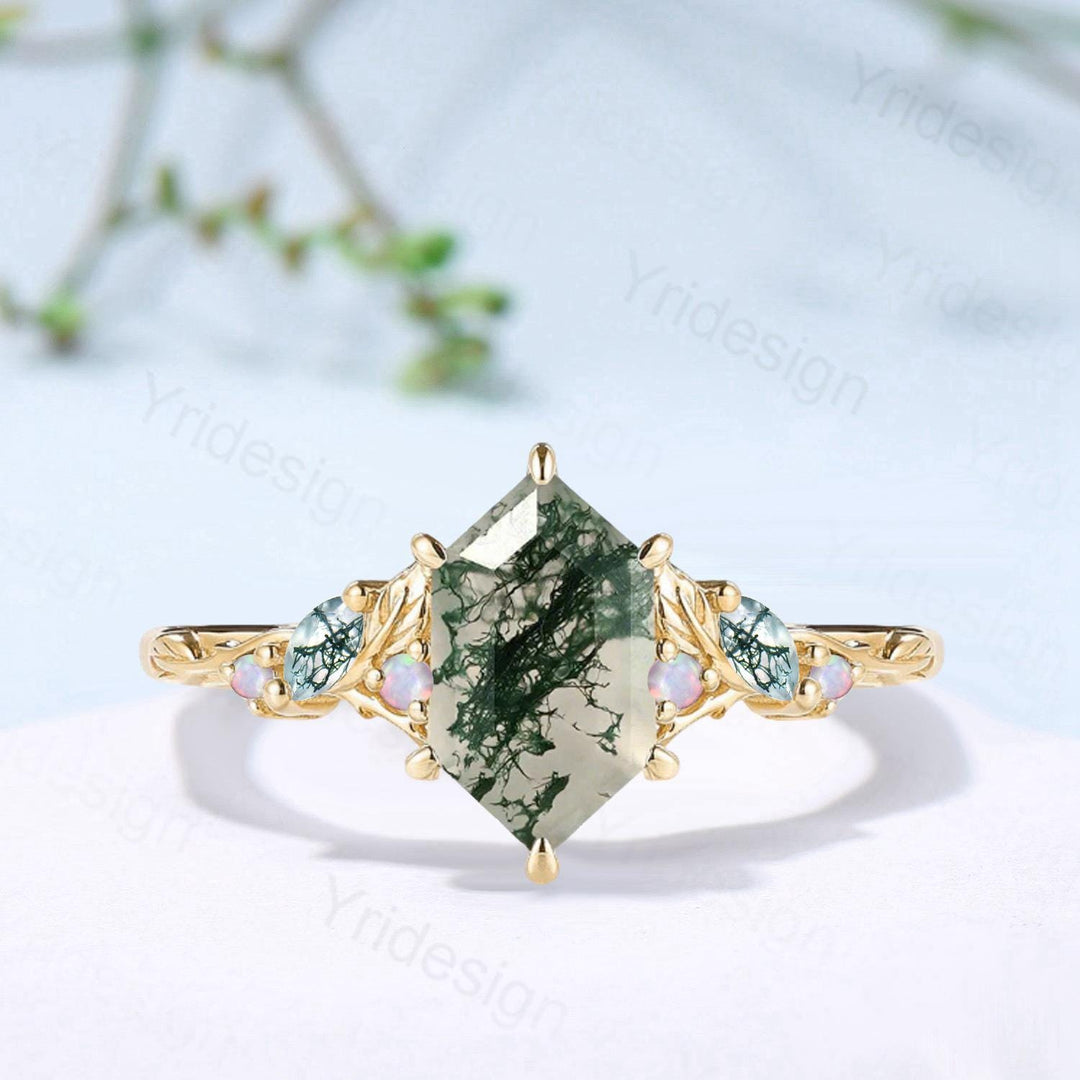 Vintage Moss Agate Engagement Ring, Marquise Wedding Ring, 14K Gold Leaf Vine - PENFINE